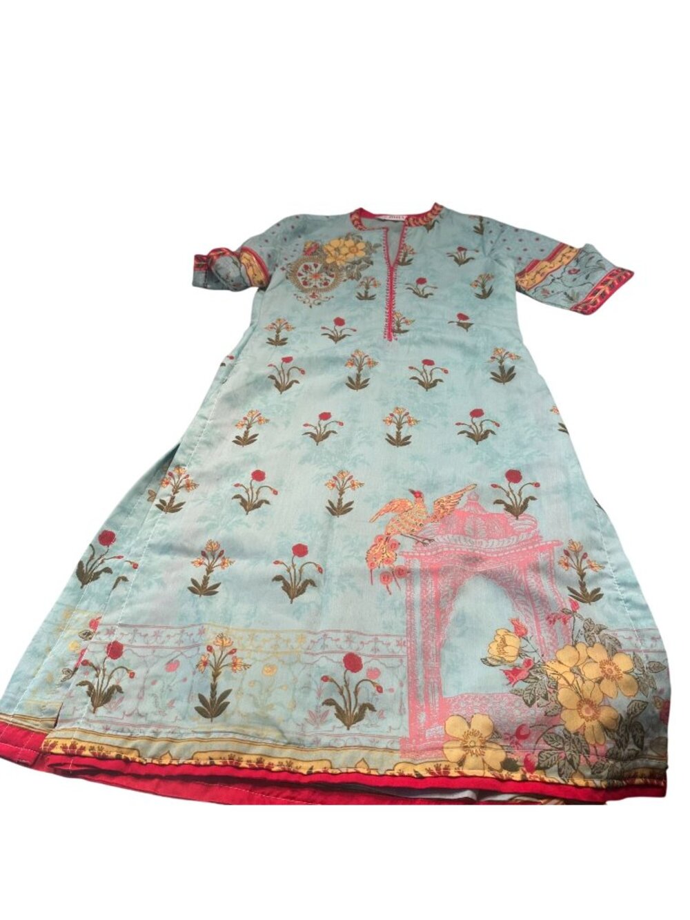Biba Pakistani Lawn Kurta Dress Womens Floral Architectural Bird 3/4 Sleeves
